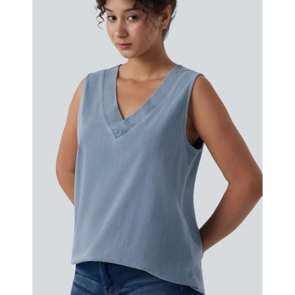 Halara V-Neck Sleeveless Tank Top Blue Cotton Blend Size Large